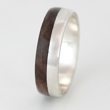 Load image into Gallery viewer, Silver and Wood Ring, Wooden Wedding Ring, Walnut Wood Ring, Handmade Bentwood Ring, Dark Wooden Ring