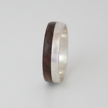 Load image into Gallery viewer, Silver and Wood Ring, Wooden Wedding Ring, Walnut Wood Ring, Handmade Bentwood Ring, Dark Wooden Ring