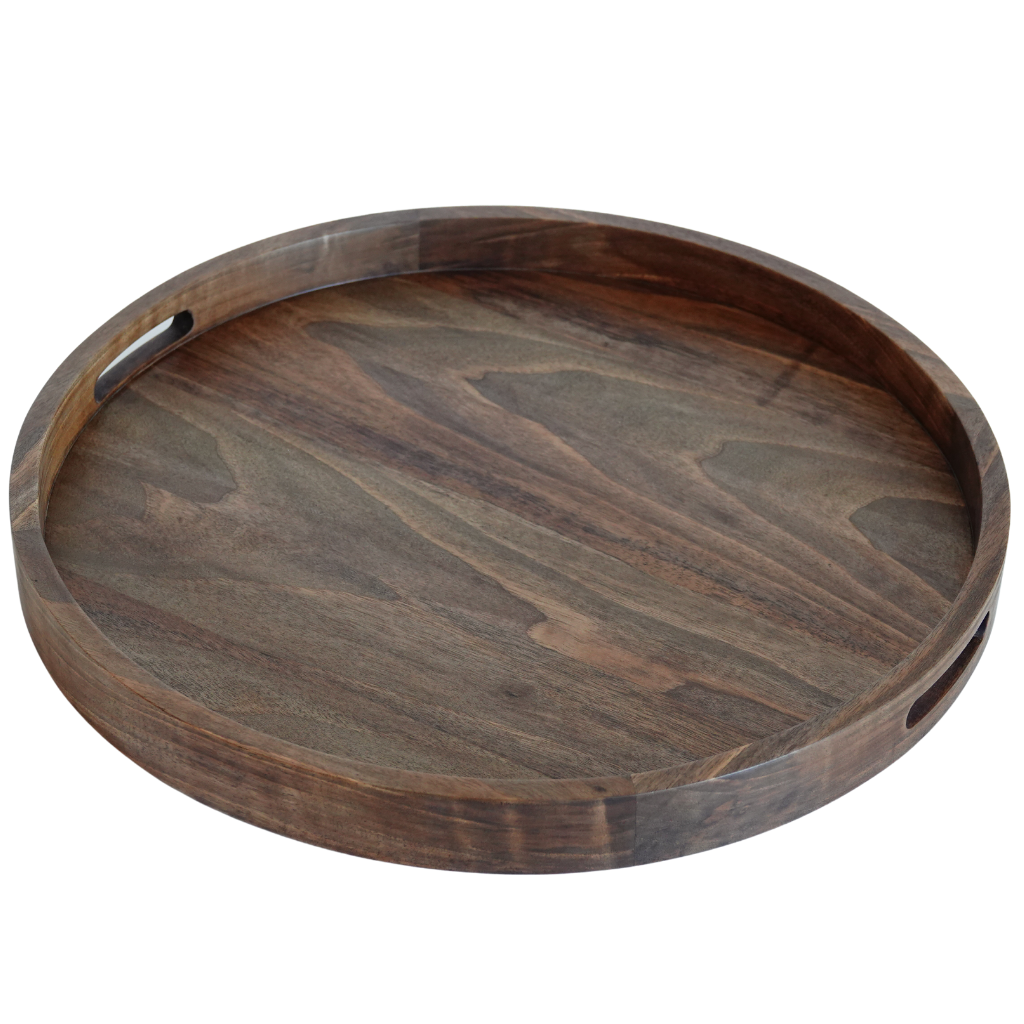 Round solid walnut wood serving tray
