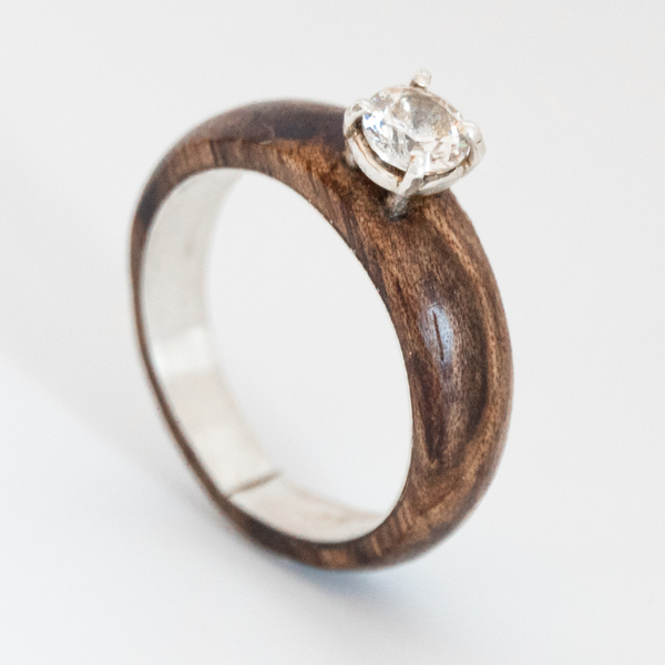 Walnut bentwood ring with a zircon stone, Walnut Wood Ring, wood ring for  women, bentwood ring for women