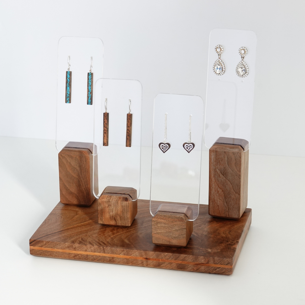 Wood Earring Stand, Clear acrylic and wood earring holder, Transparent earring organizer
