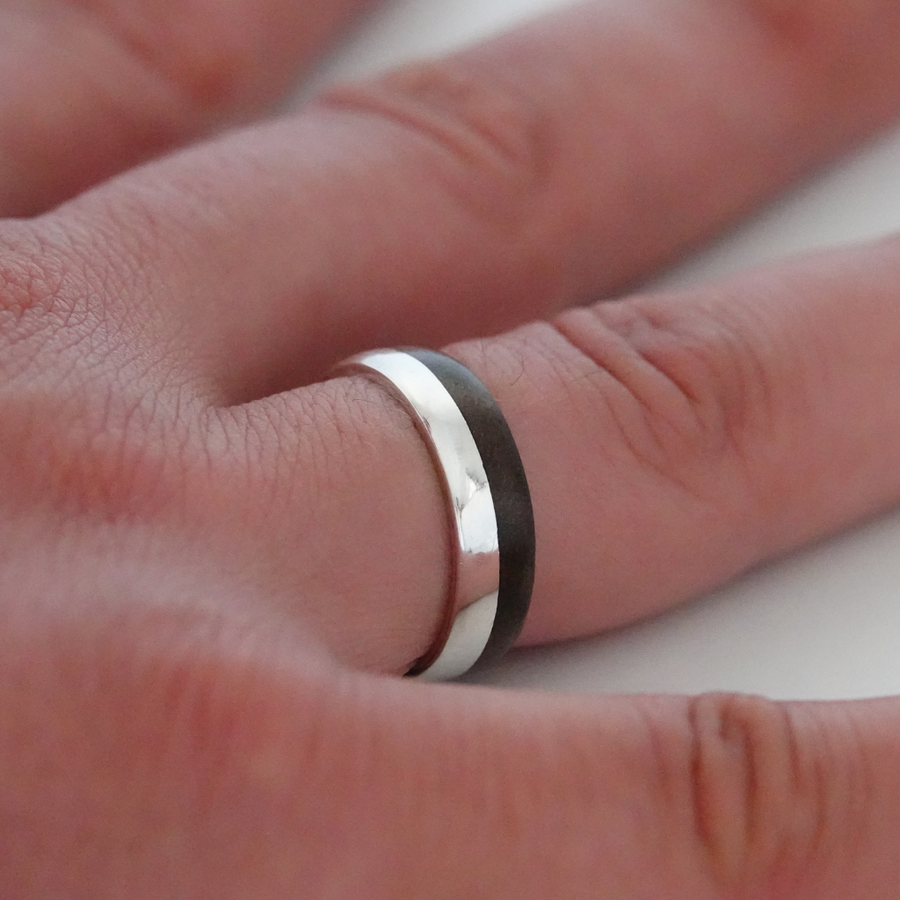 Silver and Wood Ring, Wooden Wedding Ring, Walnut Wood Ring, Handmade Bentwood Ring, Dark Wooden Ring