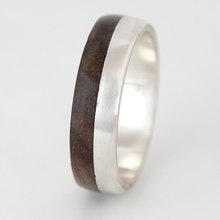 Load image into Gallery viewer, Silver and Wood Ring, Wooden Wedding Ring, Walnut Wood Ring, Handmade Bentwood Ring, Dark Wooden Ring
