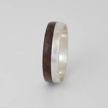 Load image into Gallery viewer, Silver and Wood Ring, Wooden Wedding Ring, Walnut Wood Ring, Handmade Bentwood Ring, Dark Wooden Ring
