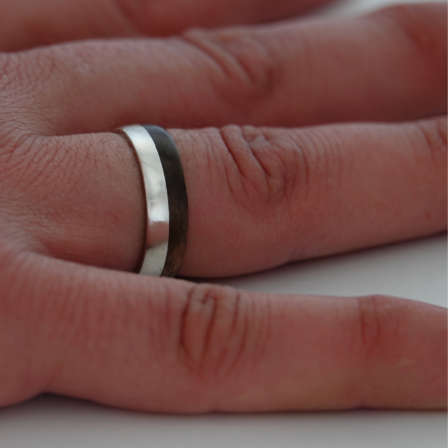 Silver and Wood Ring, Wooden Wedding Ring, Walnut Wood Ring, Handmade Bentwood Ring, Dark Wooden Ring