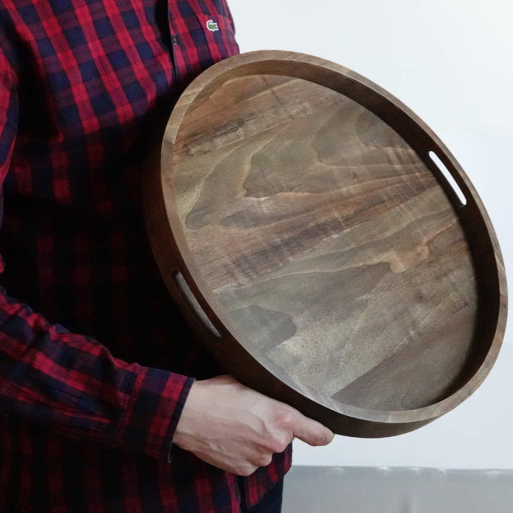Round solid walnut wood serving tray