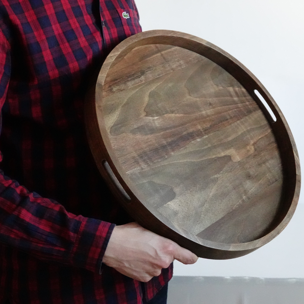 Round solid walnut wood serving tray