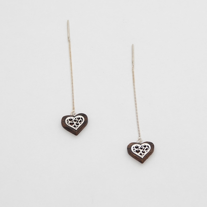 Wood Heart Earring With Silver, Wood Anniversary Earrings
