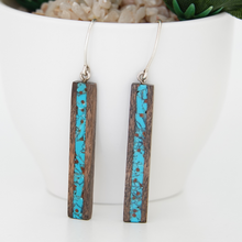 Load image into Gallery viewer, Long Walnut Wood and Turquoise Earrings
