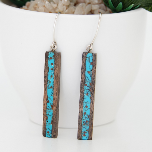 Long Walnut Wood and Turquoise Earrings