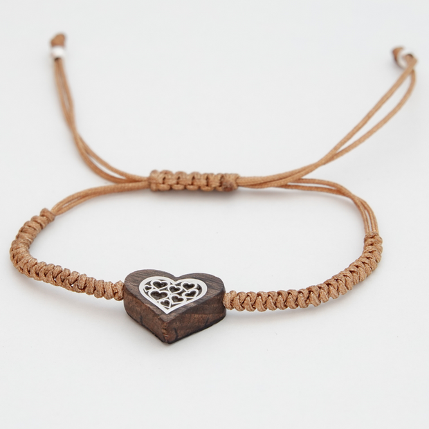 Heart Wood Charm Bracelet With Silver Sterling