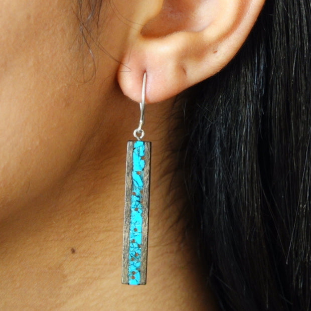 Long Walnut Wood and Turquoise Earrings