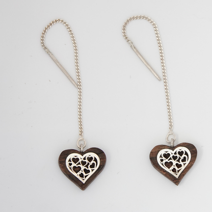 Wood Heart Earring With Silver, Wood Anniversary Earrings