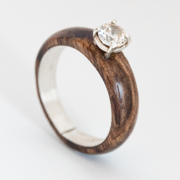 Walnut bentwood ring with a zircon stone, Walnut Wood Ring, wood ring for women, bentwood ring for women