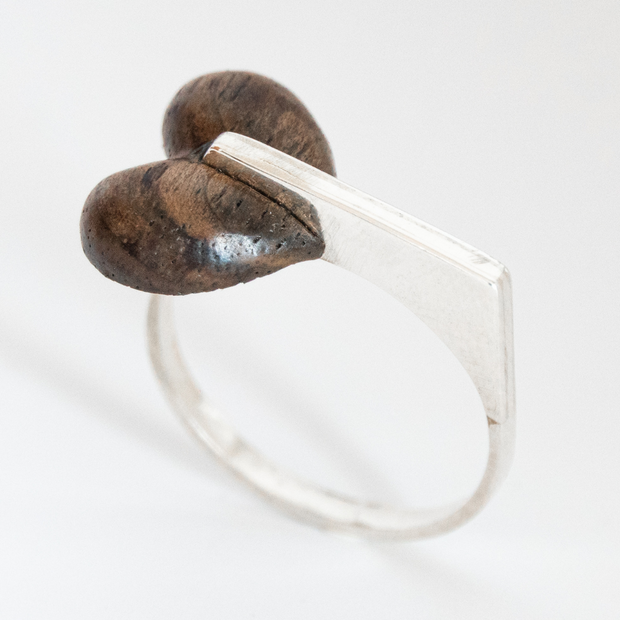 Wood Heart ring, silver and wood ring, wooden wedding ring
