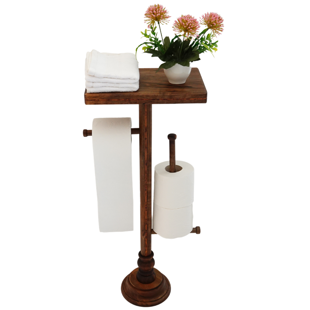 Standing toilet paper holder with shelf