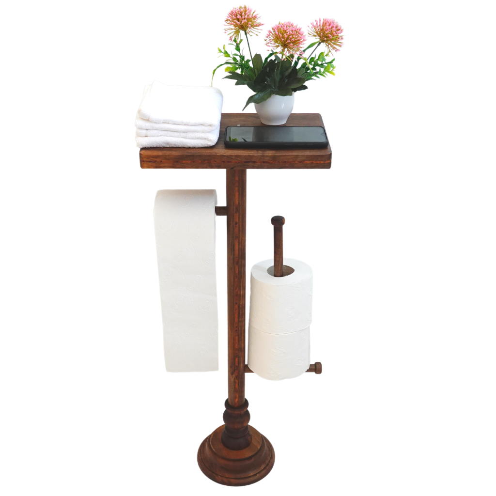 Standing toilet paper holder with shelf