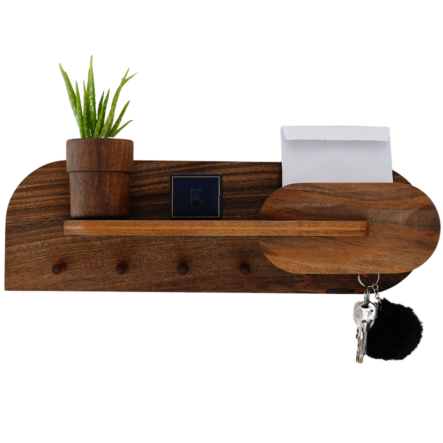 Solid Walnut Key Hook Entryway Organizer, Wall Mount Key Hooks with Mail Holder